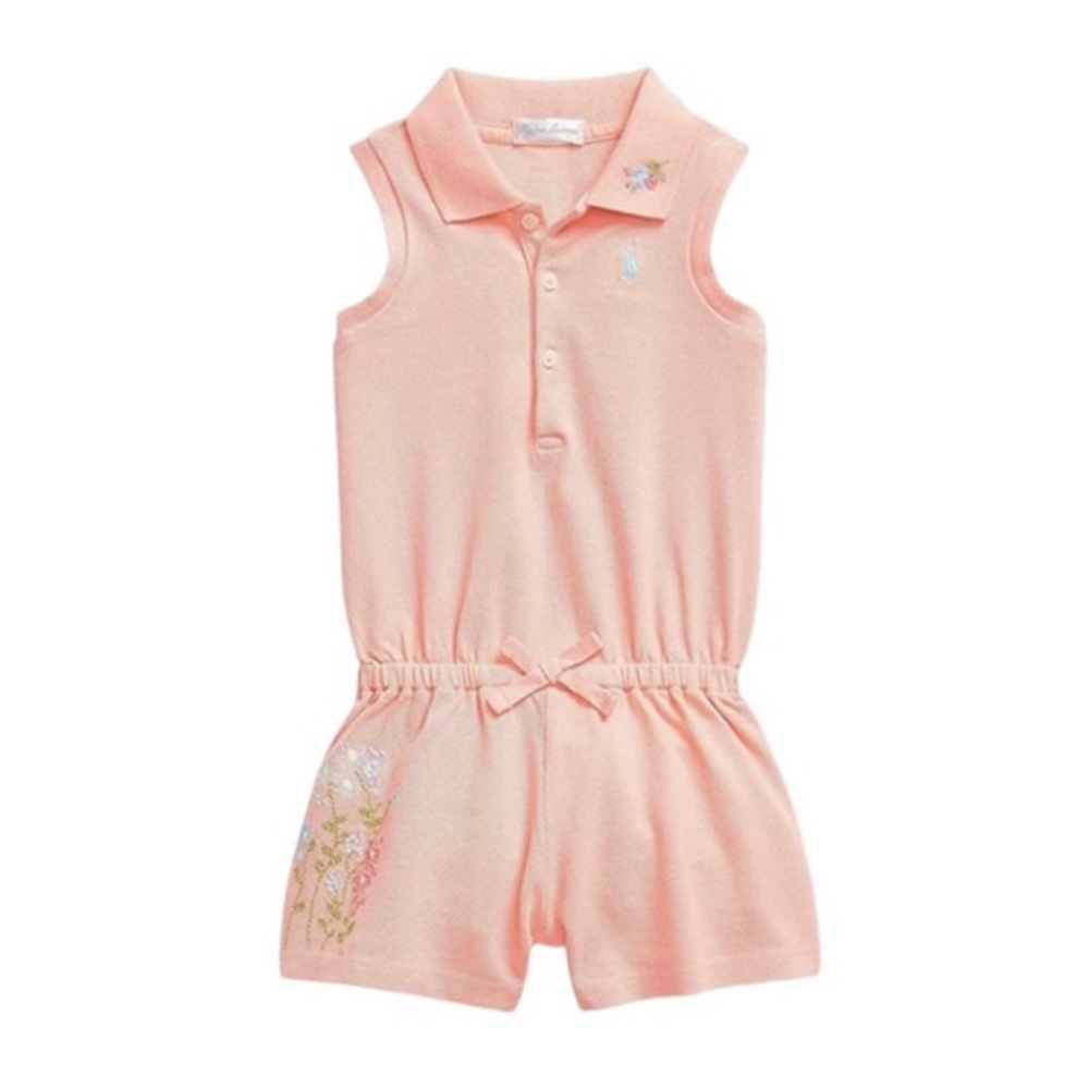 RALPH LAUREN GIRLS EMBROIDERED PIQUE POLO ROMPER